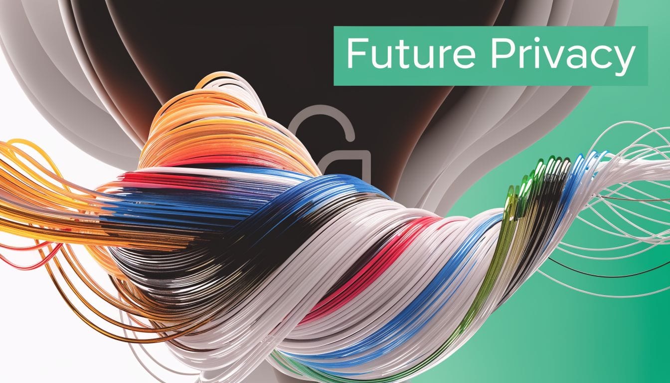 A conceptual digital illustration of colorful data fiber optic cables swirling around a central privacy lock icon.