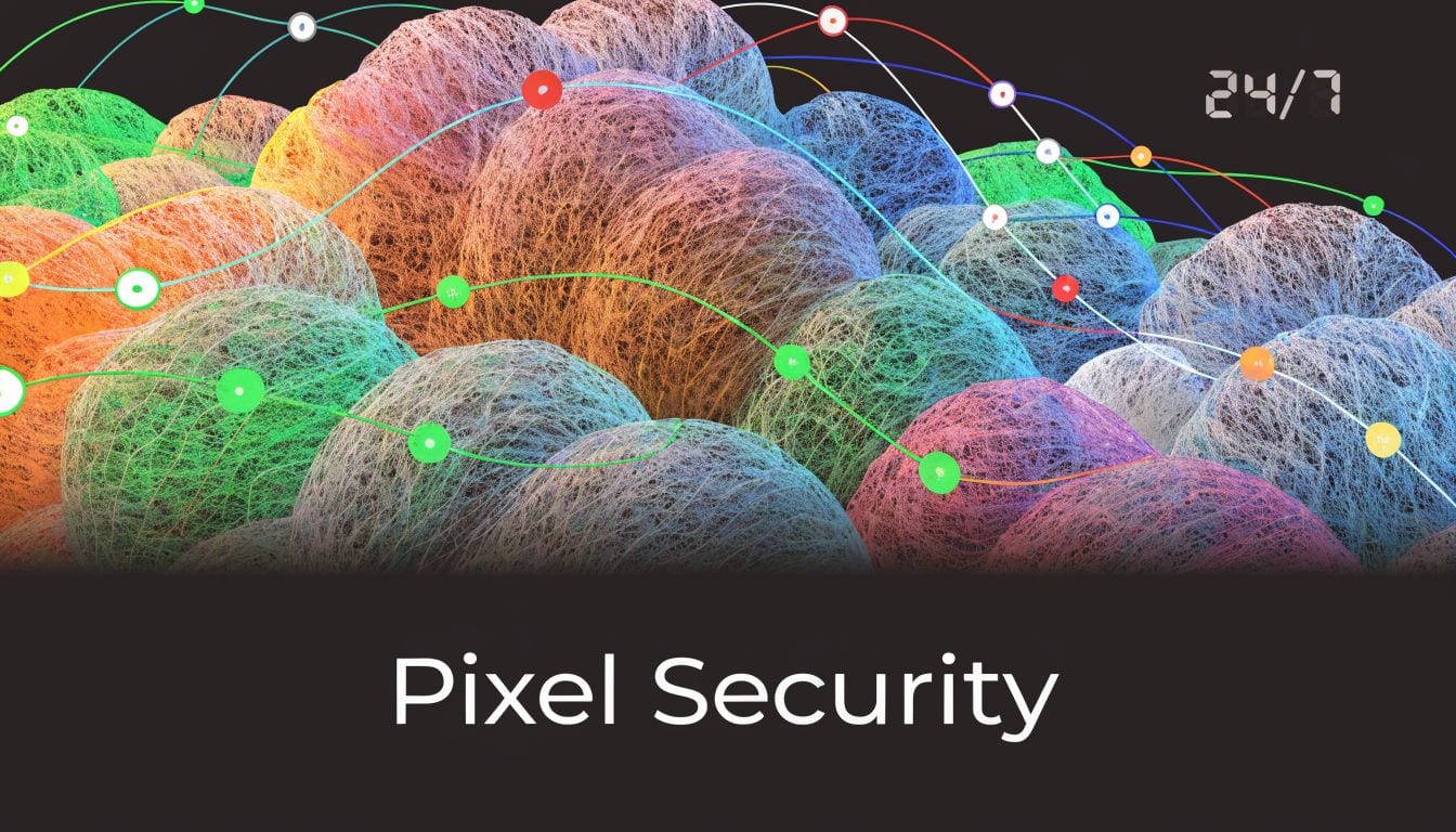 A digital abstract visualization of interconnected network nodes and glowing spheres representing secure data monitoring.