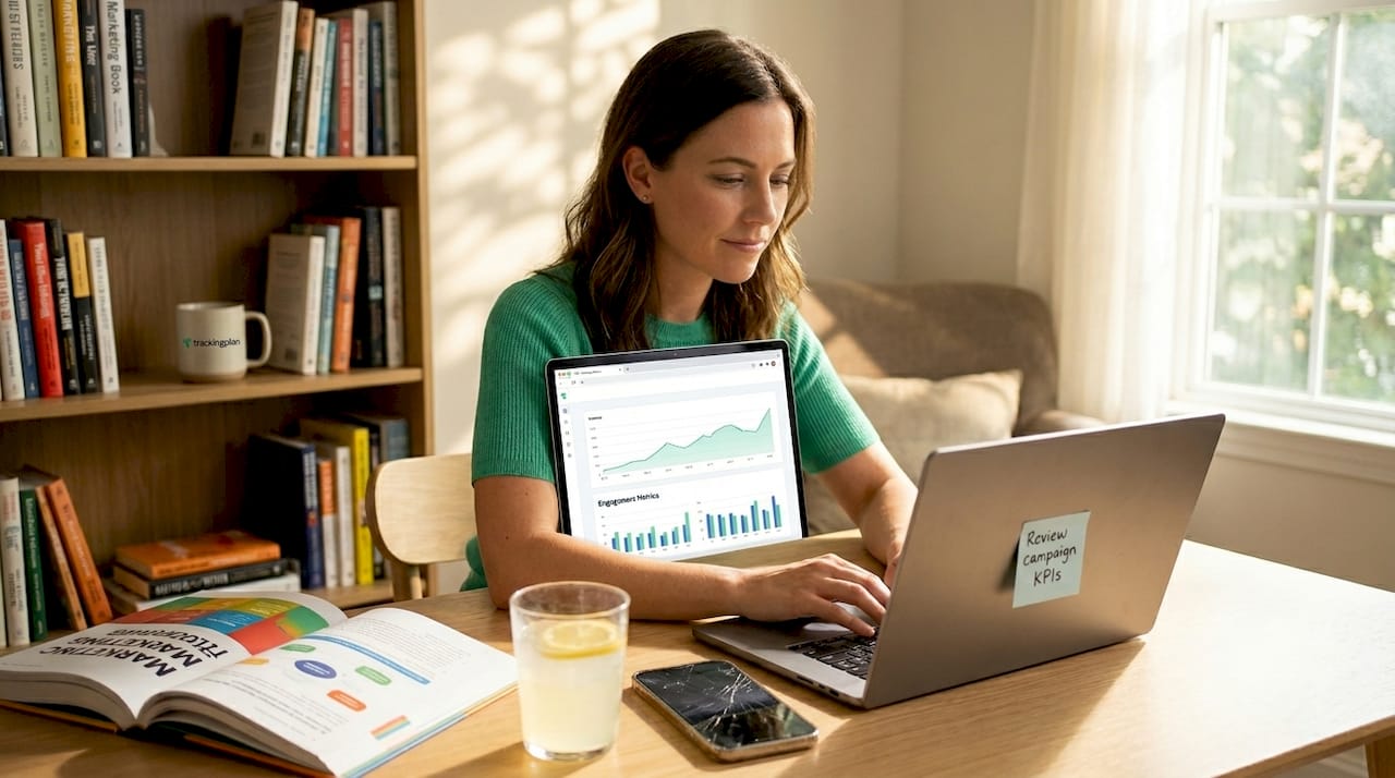 Marketer analyzes campaign metrics at home