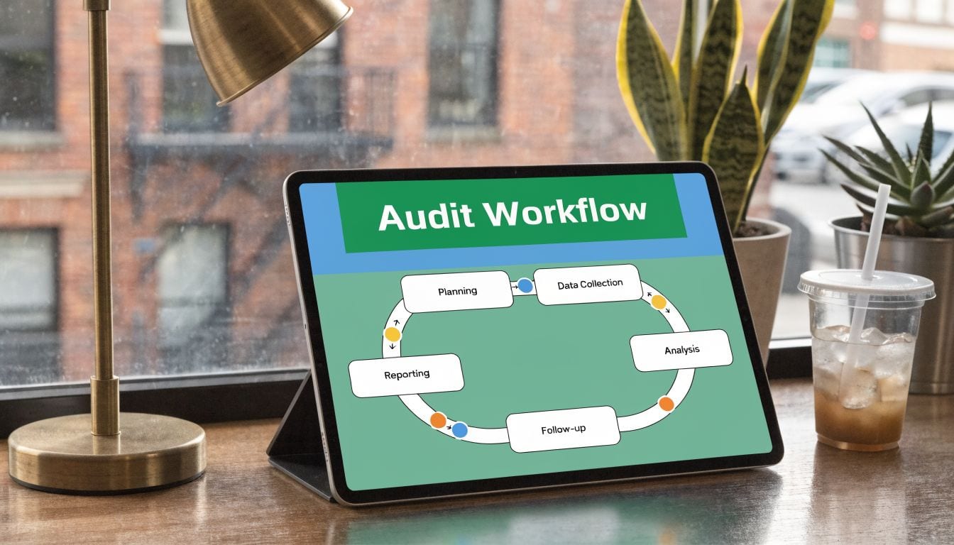 A digital tablet displaying an audit workflow diagram on a desk next to a lamp and drink.