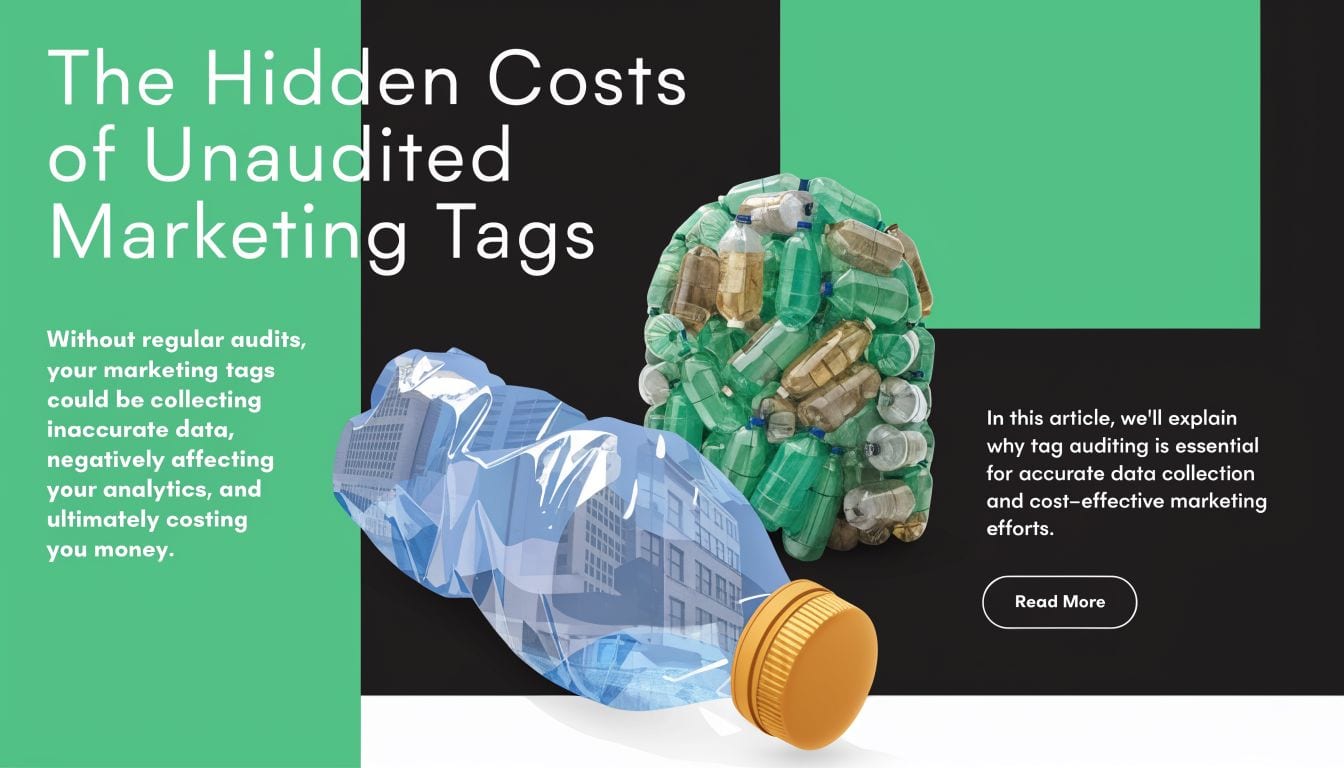 A graphic featuring plastic bottles and text about the hidden financial costs of unaudited marketing tags.