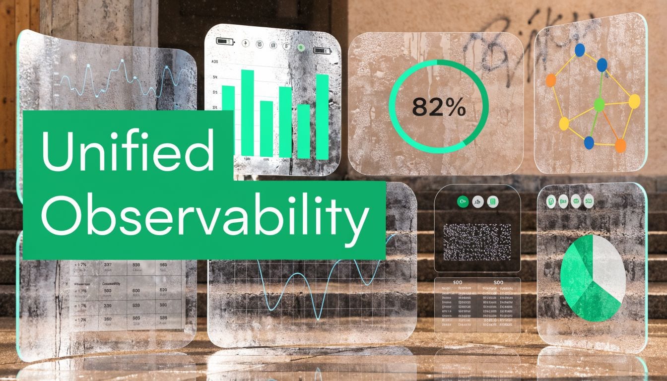 A digital graphic displaying Unified Observability text with various data visualization charts and metrics over a background.