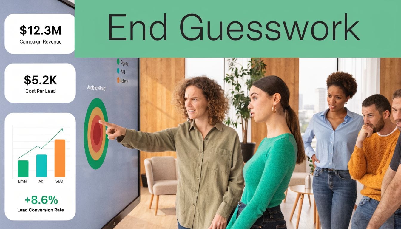 A professional team reviews marketing campaign data and analytics on a large interactive digital screen.
