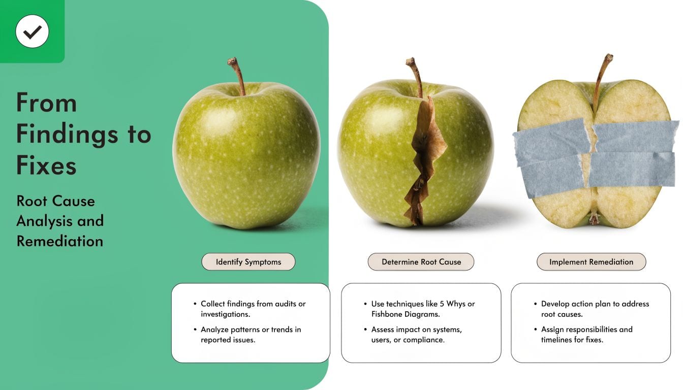 A diagram illustrating root cause analysis and remediation, showing an apple representing problem identification, investigation, and fix.