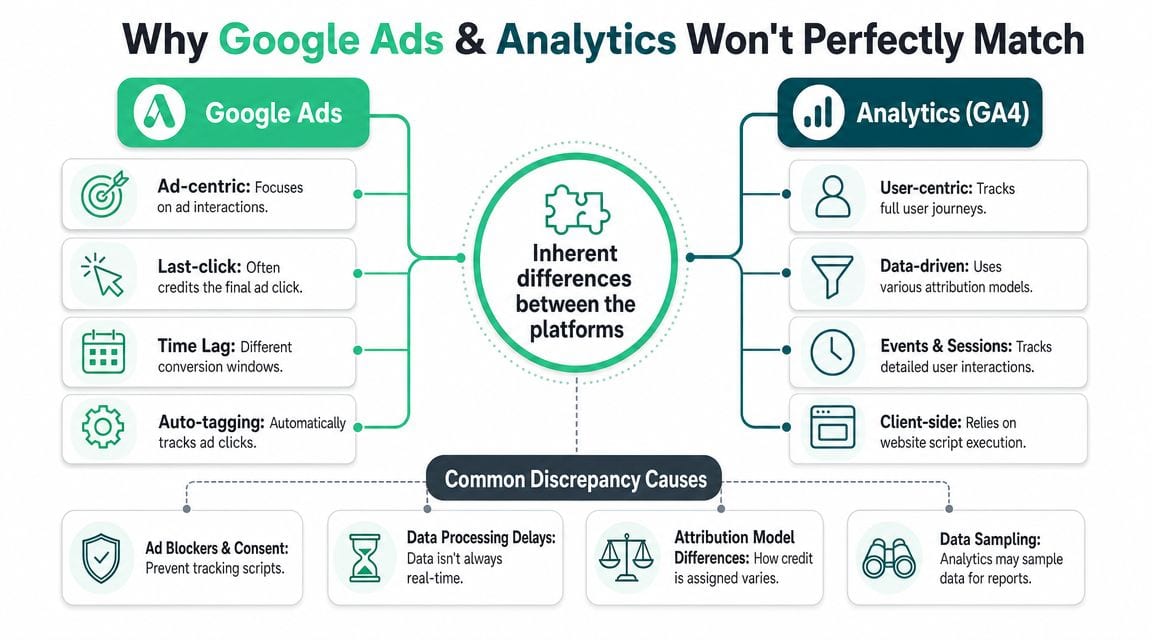 A diagram explaining why Google Ads and Google Analytics data do not perfectly match due to platform differences.