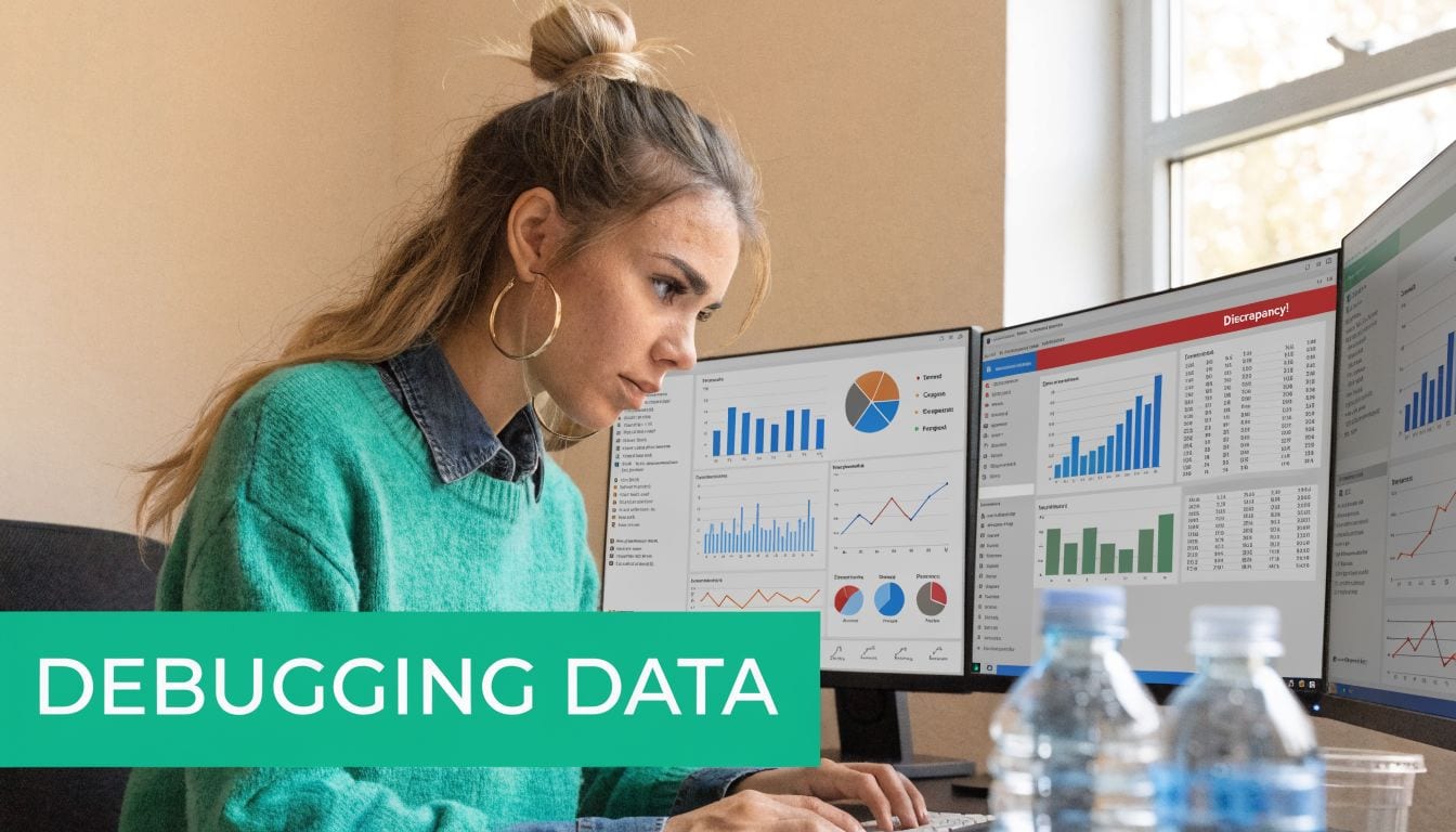 A woman working on multiple computer monitors displaying data charts and conversion discrepancies for analysis.