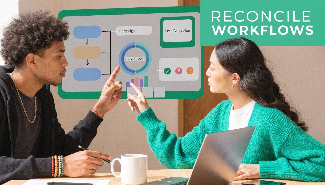 A diverse man and woman collaborating on a marketing workflow strategy using a digital whiteboard display.
