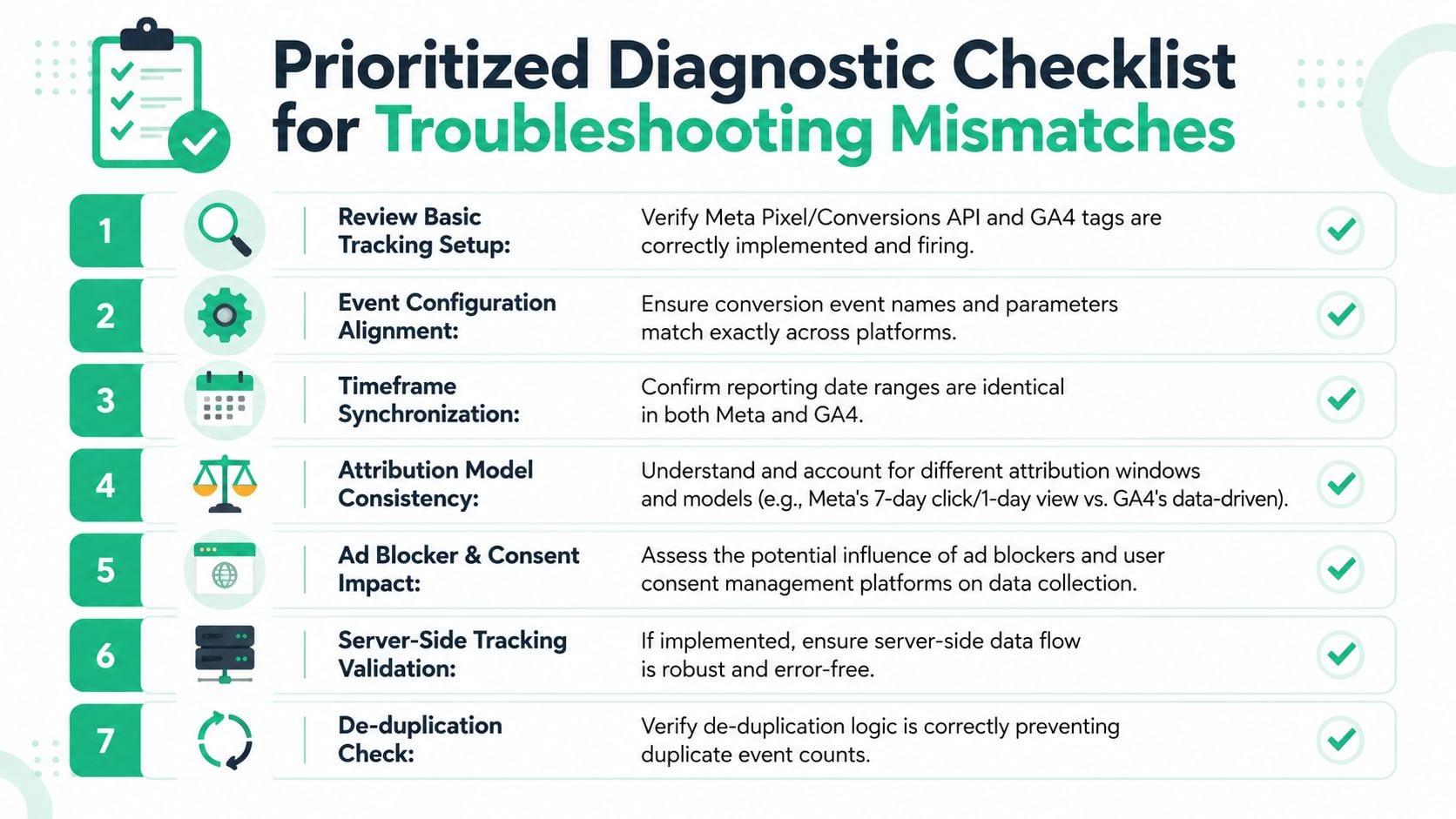 A prioritized seven-step diagnostic checklist for troubleshooting data conversion mismatches between Meta Ads and Google Analytics.
