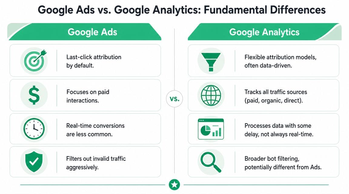 A comparison chart highlighting the fundamental differences between Google Ads and Google Analytics platforms.