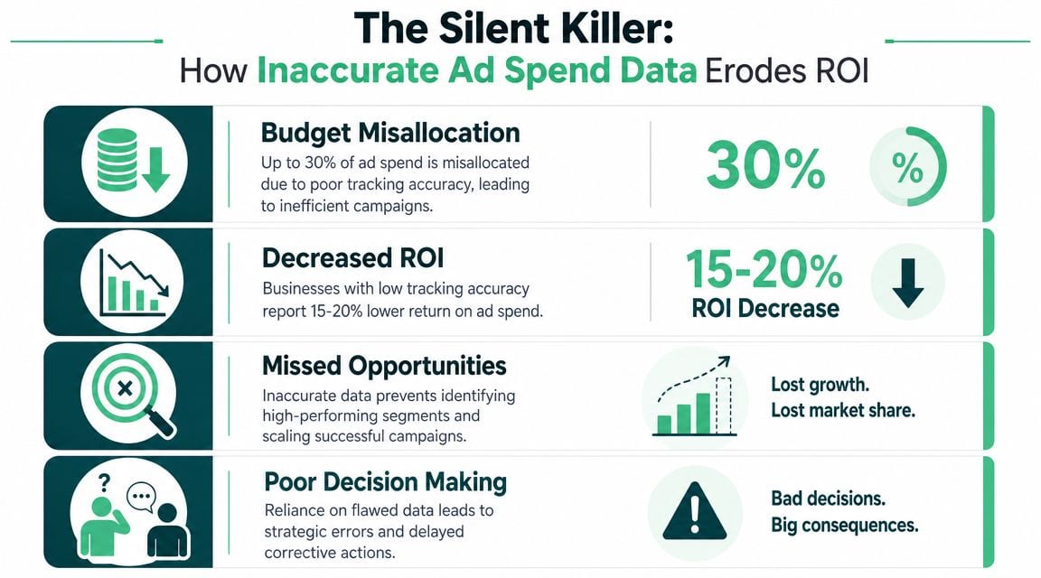 An infographic titled The Silent Killer showing how inaccurate ad spend data erodes ROI for businesses.