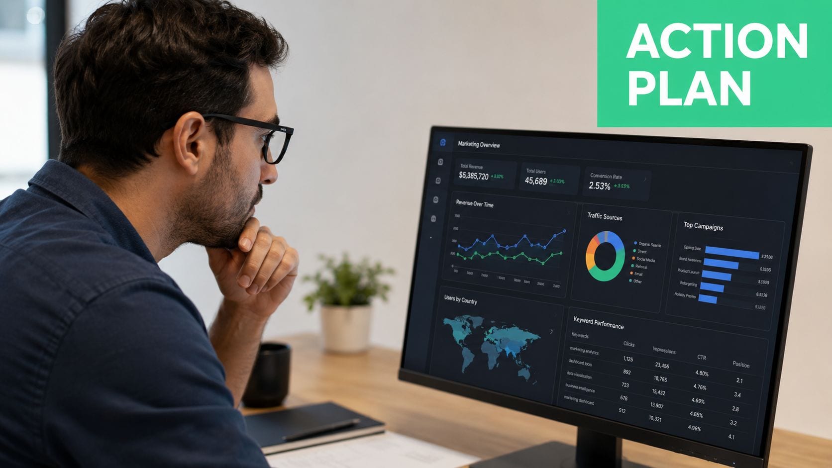 A professional analyzing a marketing data dashboard on a computer screen to optimize campaign ad spend tracking accuracy.