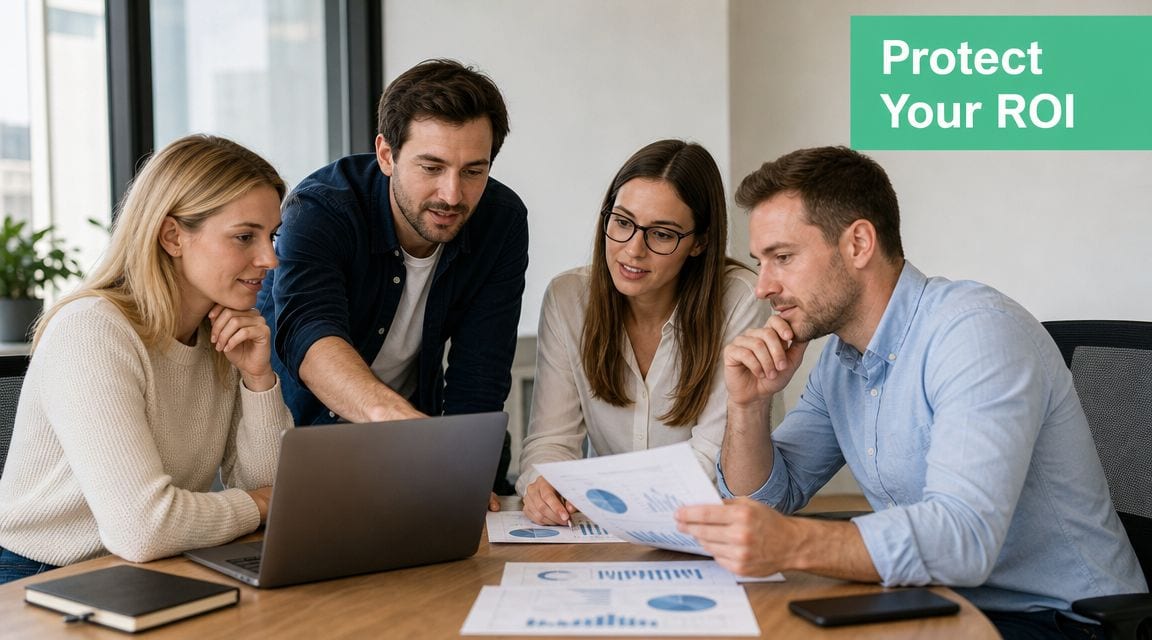 A professional team of four colleagues analyzing financial charts and marketing data during an office meeting.