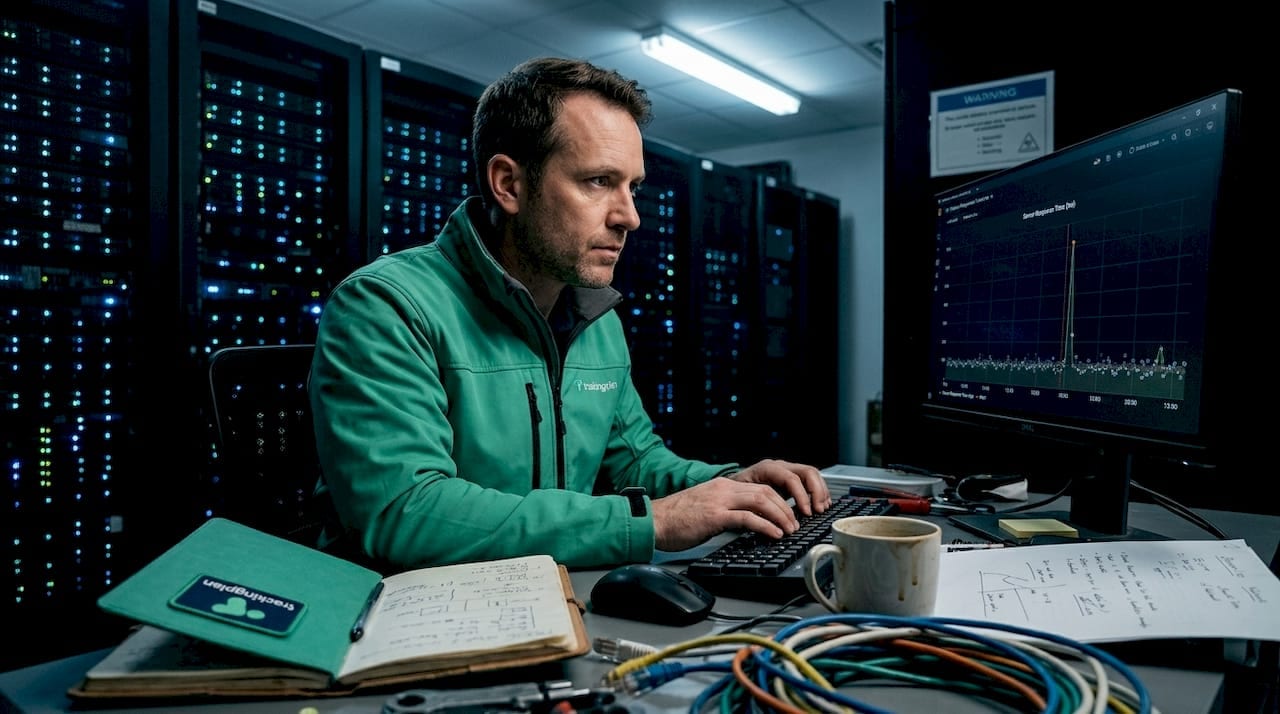 IT technician checking response time spike chart