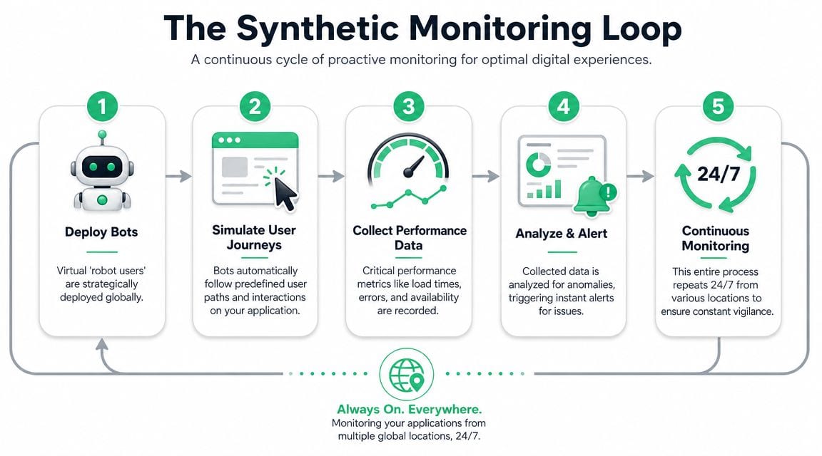 A diagram illustrating the five-step synthetic monitoring loop for proactive digital experience management and performance tracking.