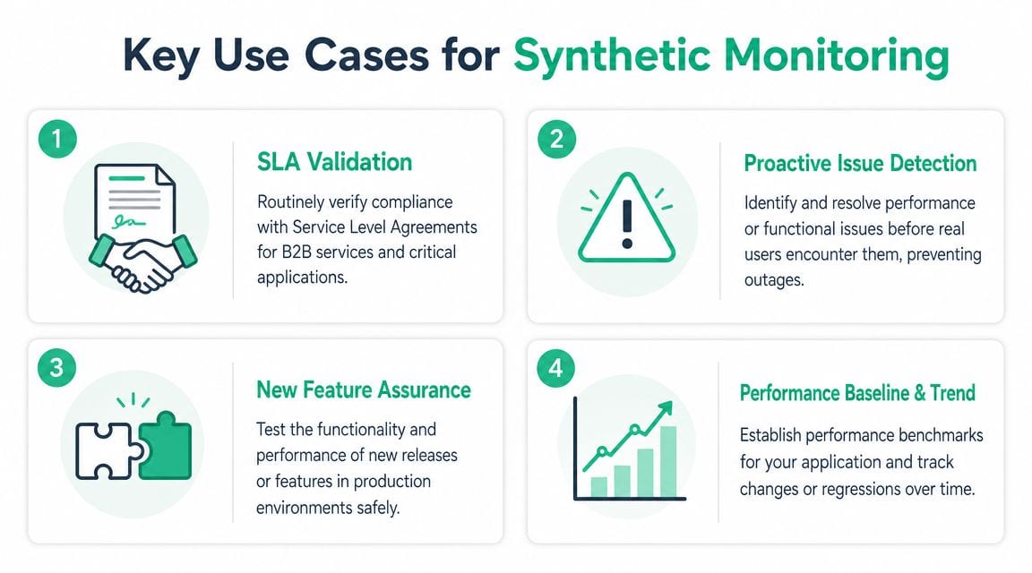 An infographic titled Key Use Cases for Synthetic Monitoring listing four essential applications for businesses.