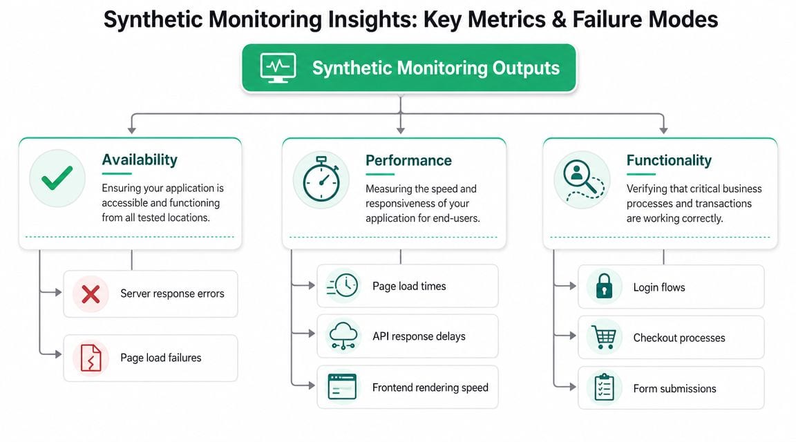 An infographic showing synthetic monitoring outputs, including categories for availability, performance, and functionality with specific failure modes.