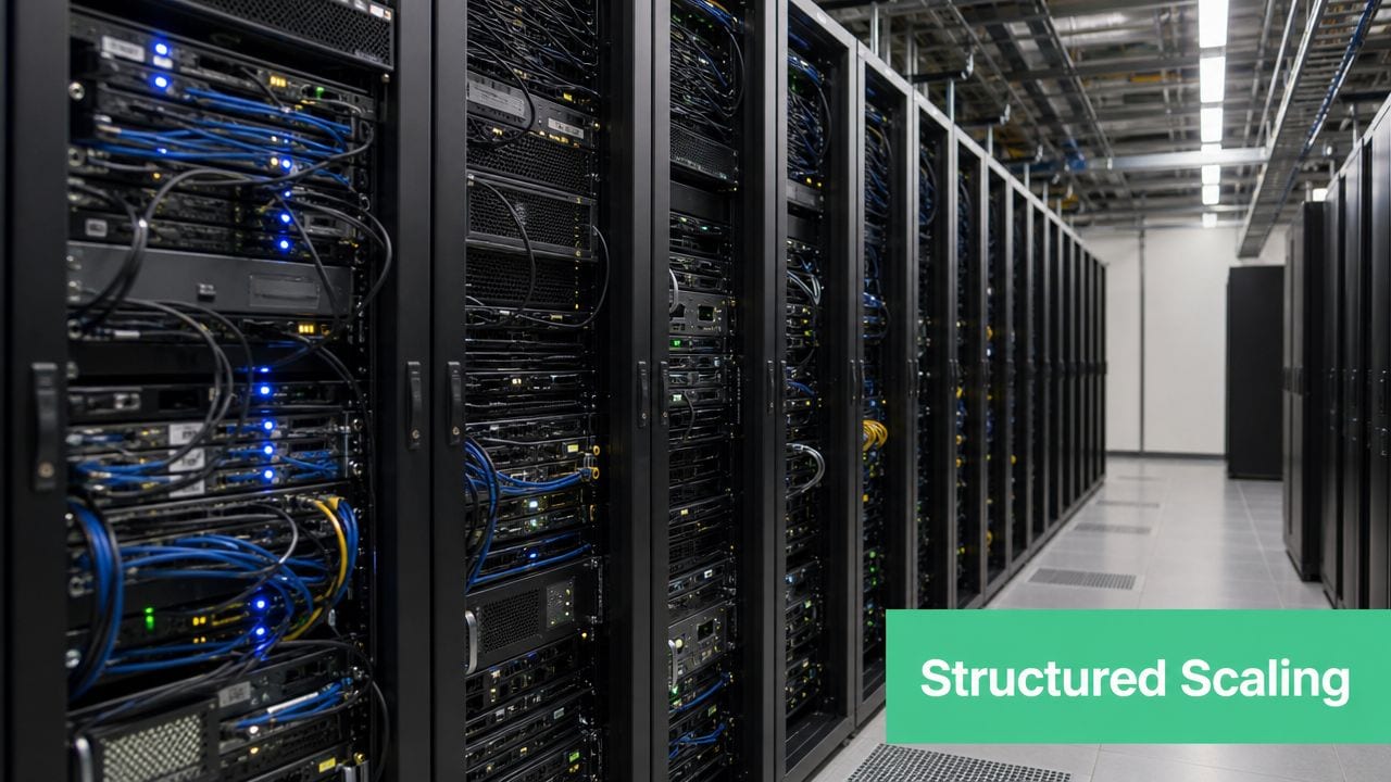 A row of black server racks in a modern data center with blue networking cables.