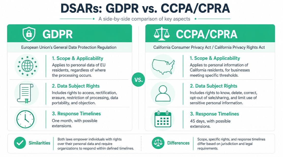 A comparison infographic detailing key differences between GDPR and CCPA/CPRA data subject access request regulations.