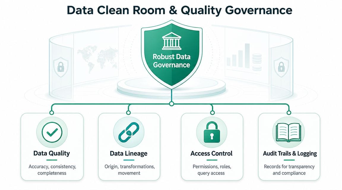 A diagram illustrating data clean room and quality governance with four core pillars of data security.