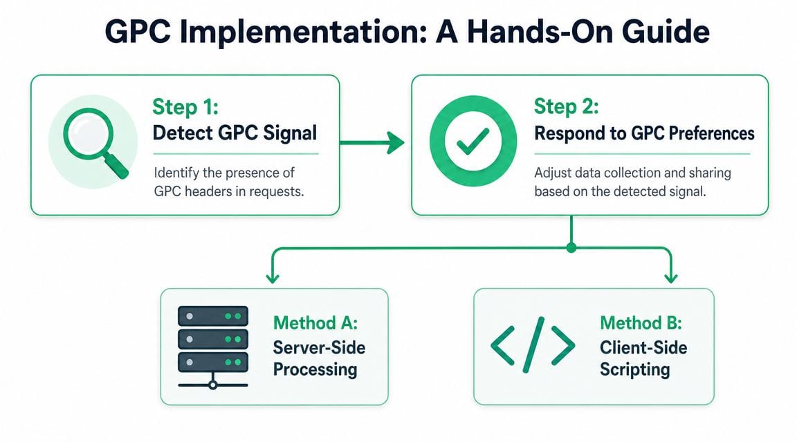 A diagram outlining a two-step process for implementing Global Privacy Control on websites and servers.