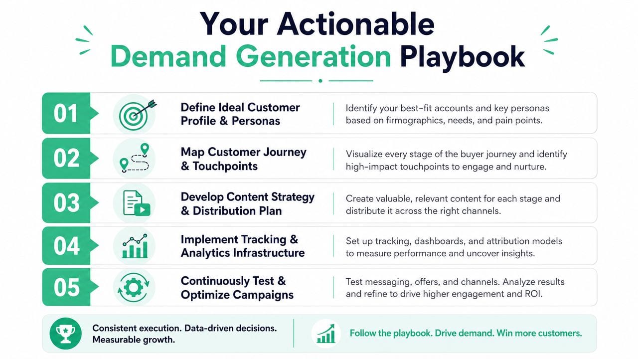 A five-step B2B demand generation playbook chart for marketing professionals to drive growth and acquire customers.
