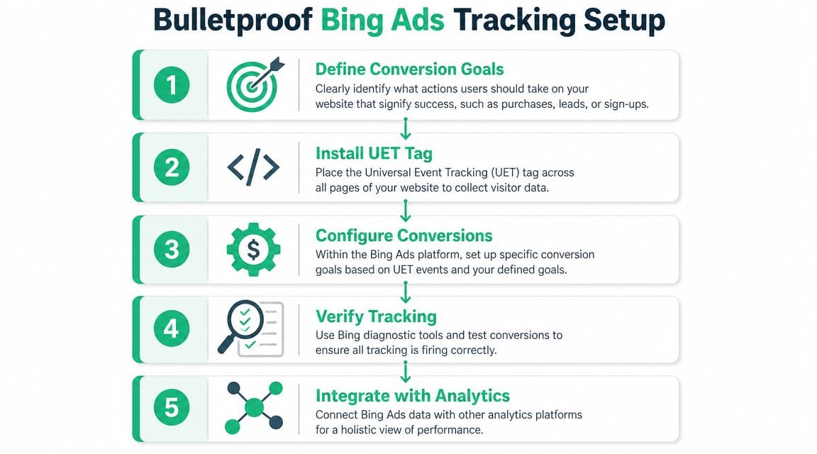A step-by-step infographic illustrating the process of setting up effective Bing Ads tracking for digital marketing.