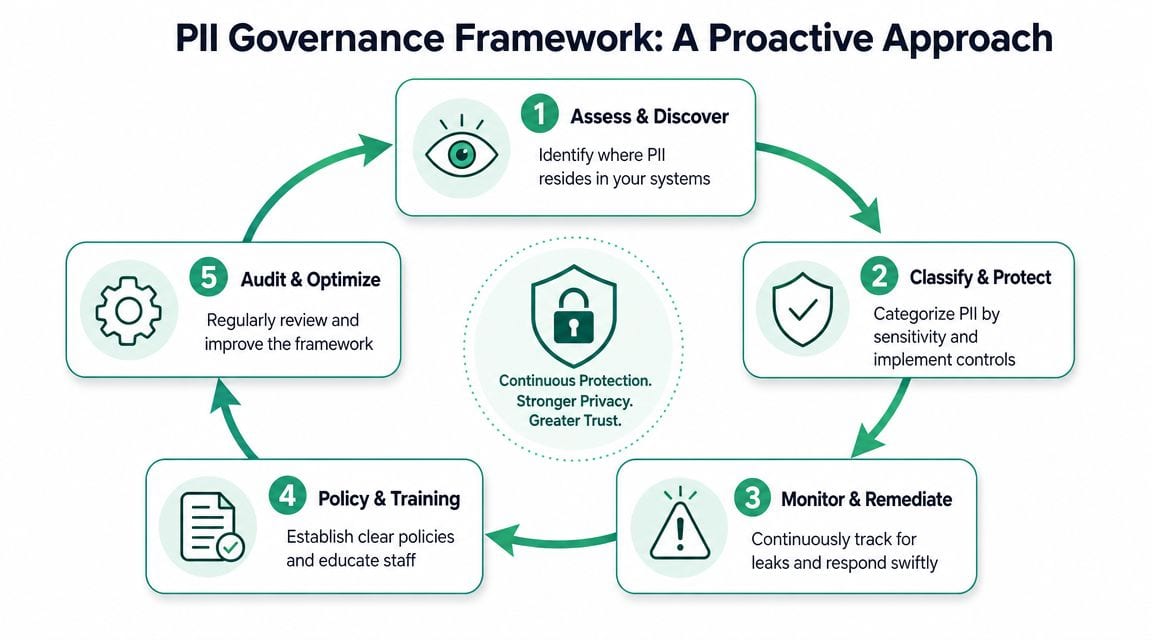 A diagram illustrating a five-step proactive PII governance framework for managing sensitive personal data security.