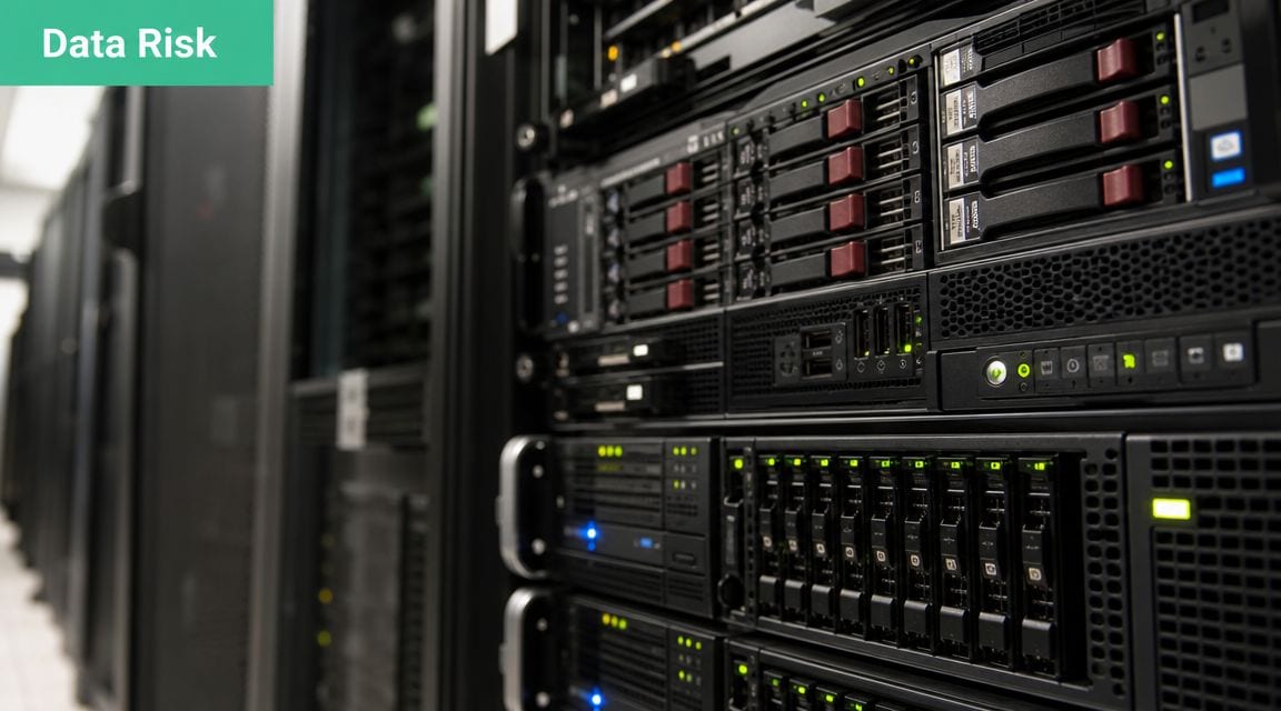 A server rack in a data center representing potential data risk and digital security challenges.