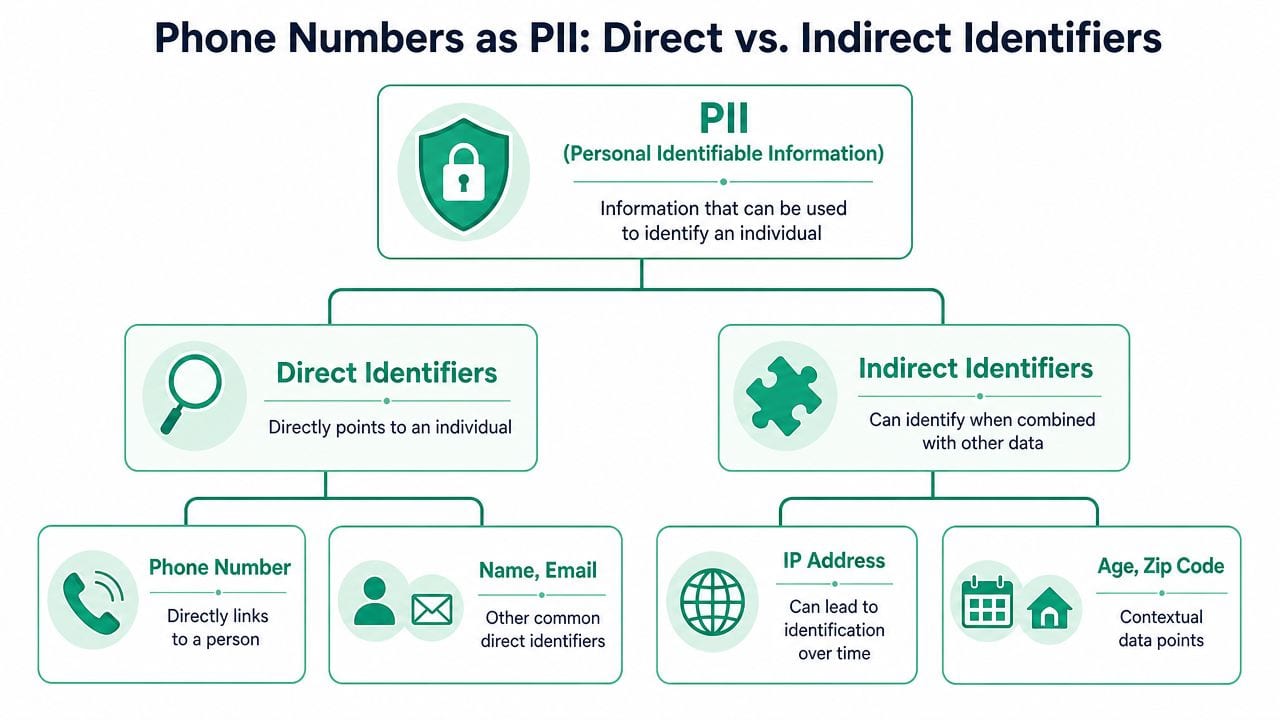 A diagram illustrating how phone numbers act as PII, categorizing information into direct and indirect identifiers.