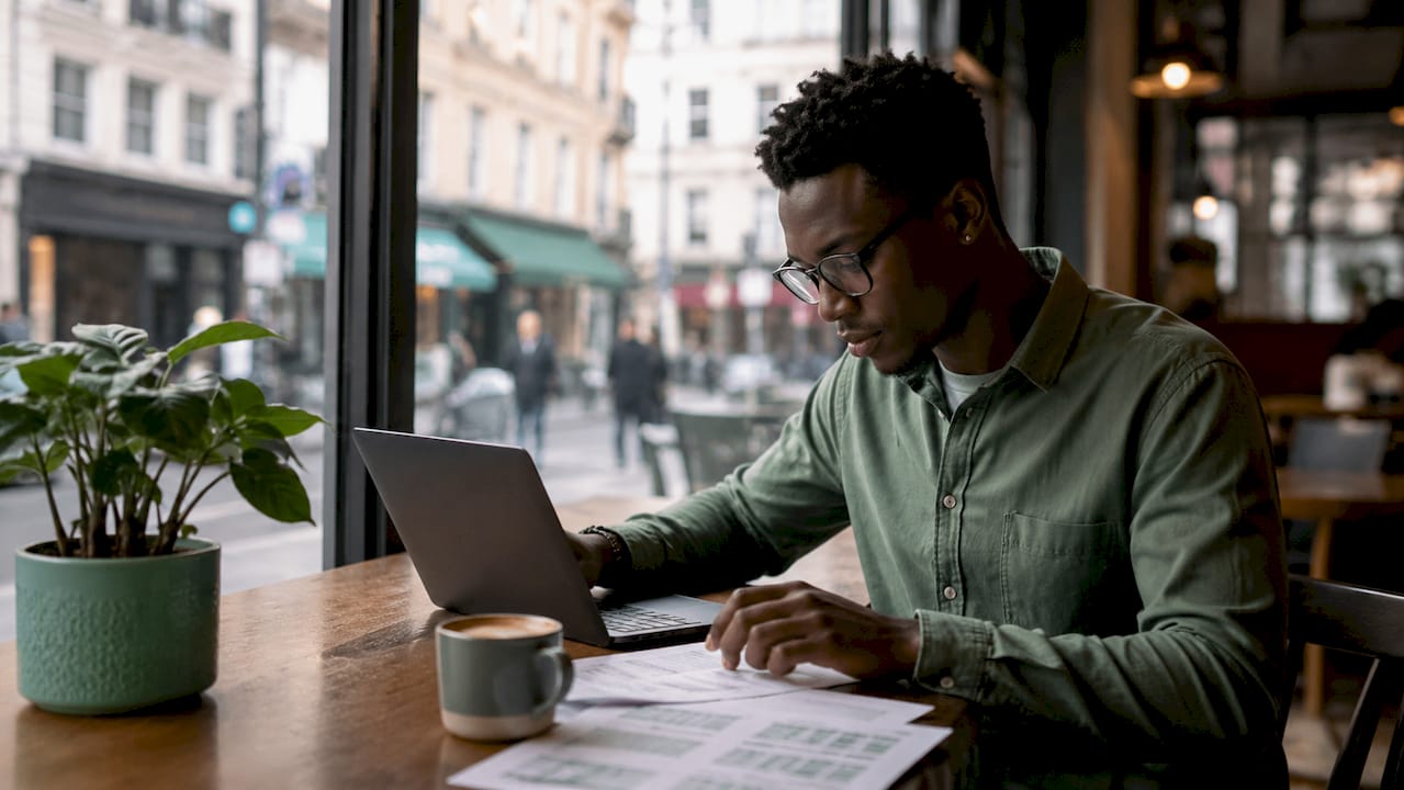 Man auditing digital marketing campaign settings on laptop