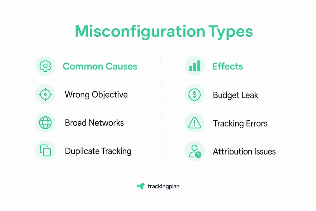 Infographic contrasting common campaign misconfiguration causes and their effects