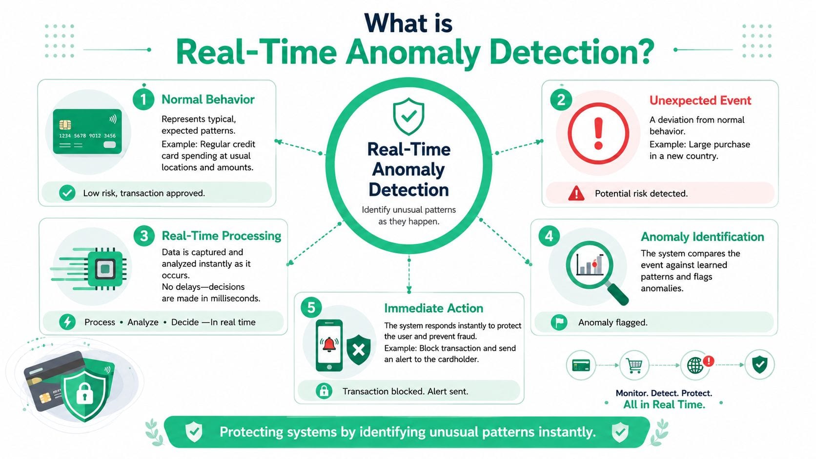 A diagram illustrating the five steps of real-time anomaly detection for financial transactions and fraud prevention.