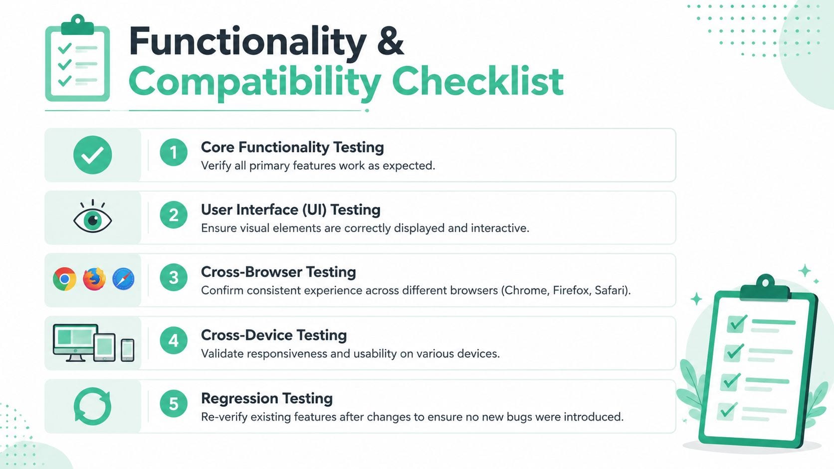 A checklist infographic illustrating five essential types of software website quality assurance testing methods.