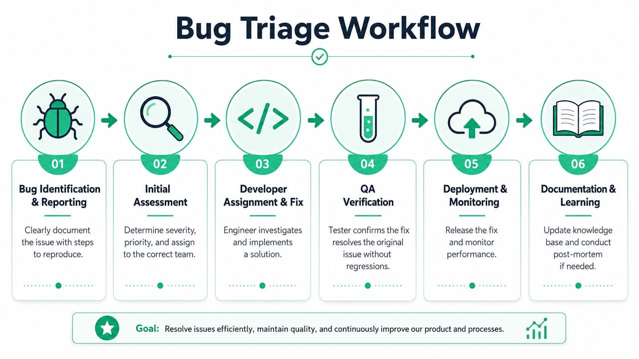 A six-step infographic illustrating the bug triage workflow process for software quality assurance and development.