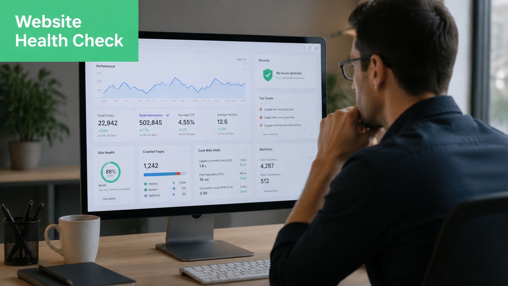 A professional developer analyzing website performance metrics and SEO health data on a computer screen in an office.