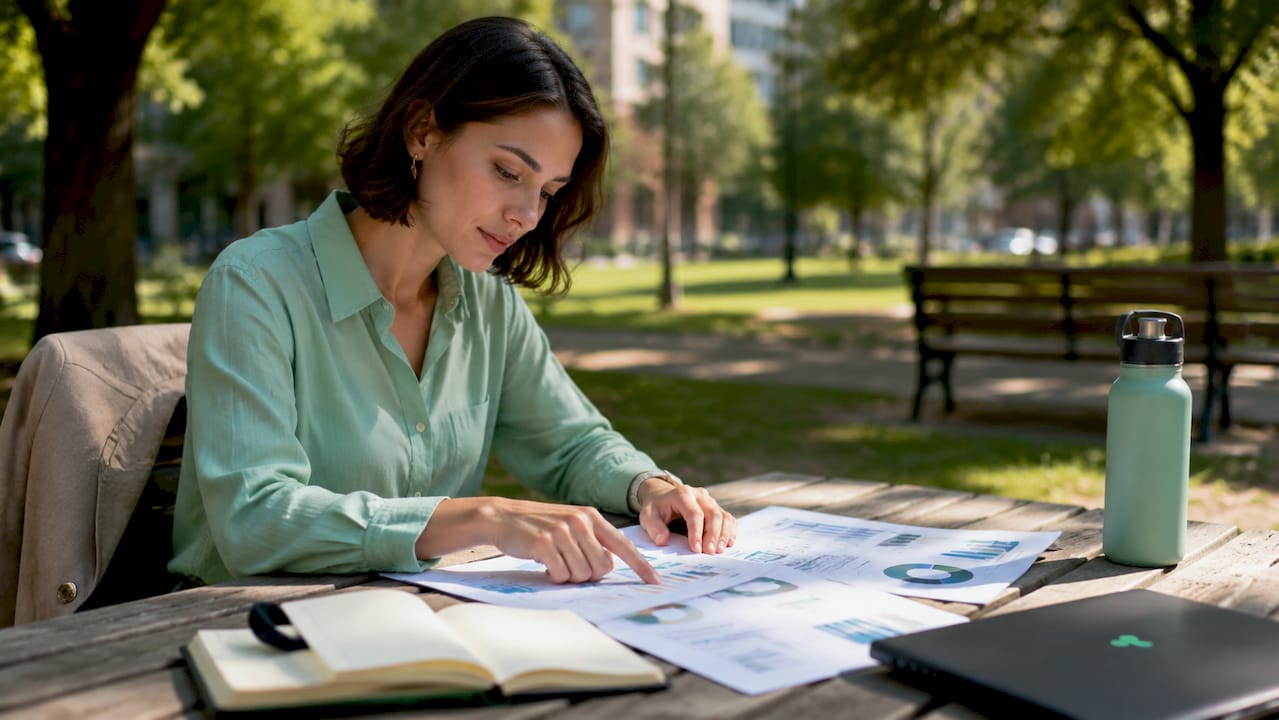Data analyst reviewing printed KPI reports