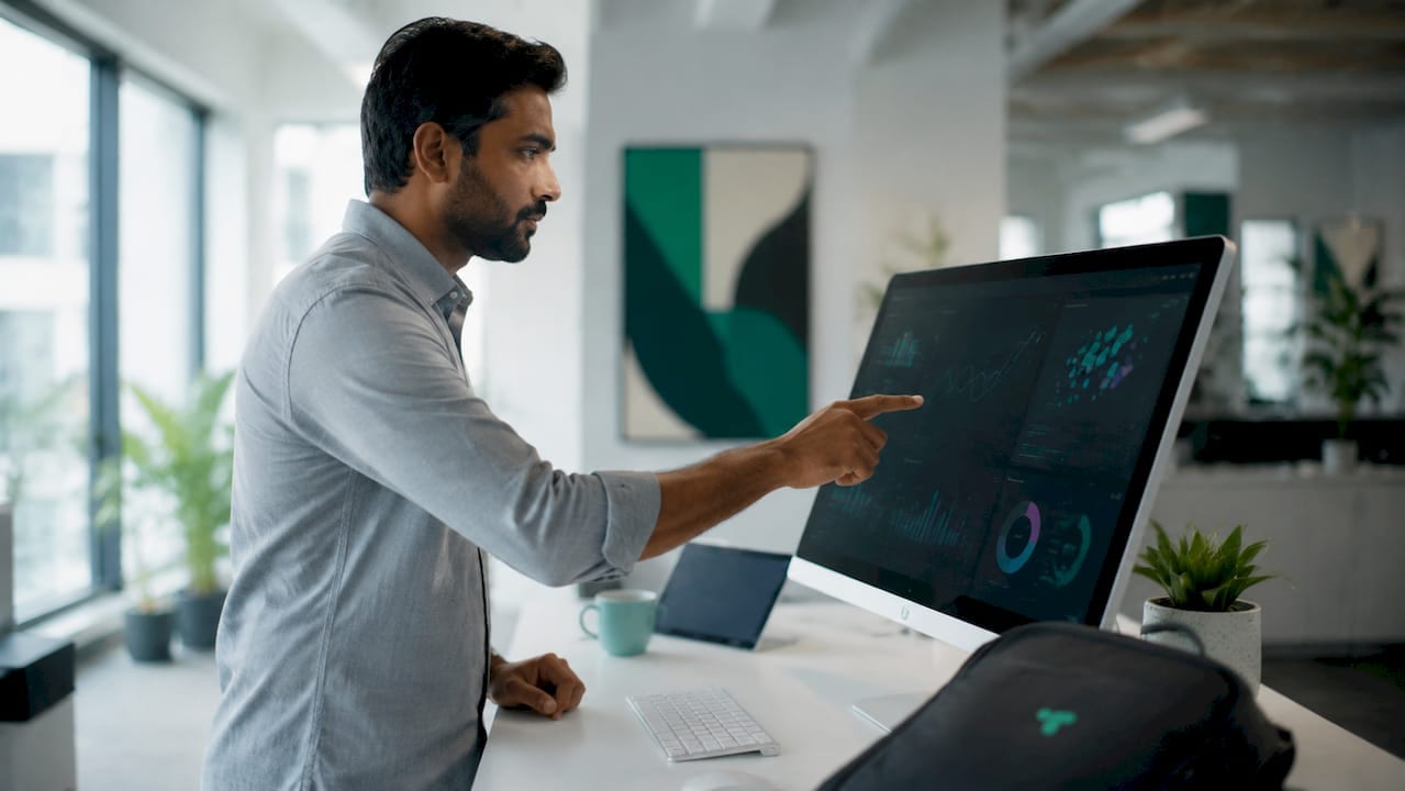 Digital analyst typing at standing desk in office
