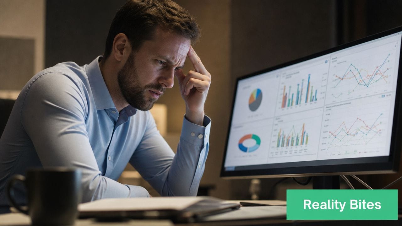 A focused man analyzing complex financial charts and data on a computer monitor in a dim office.