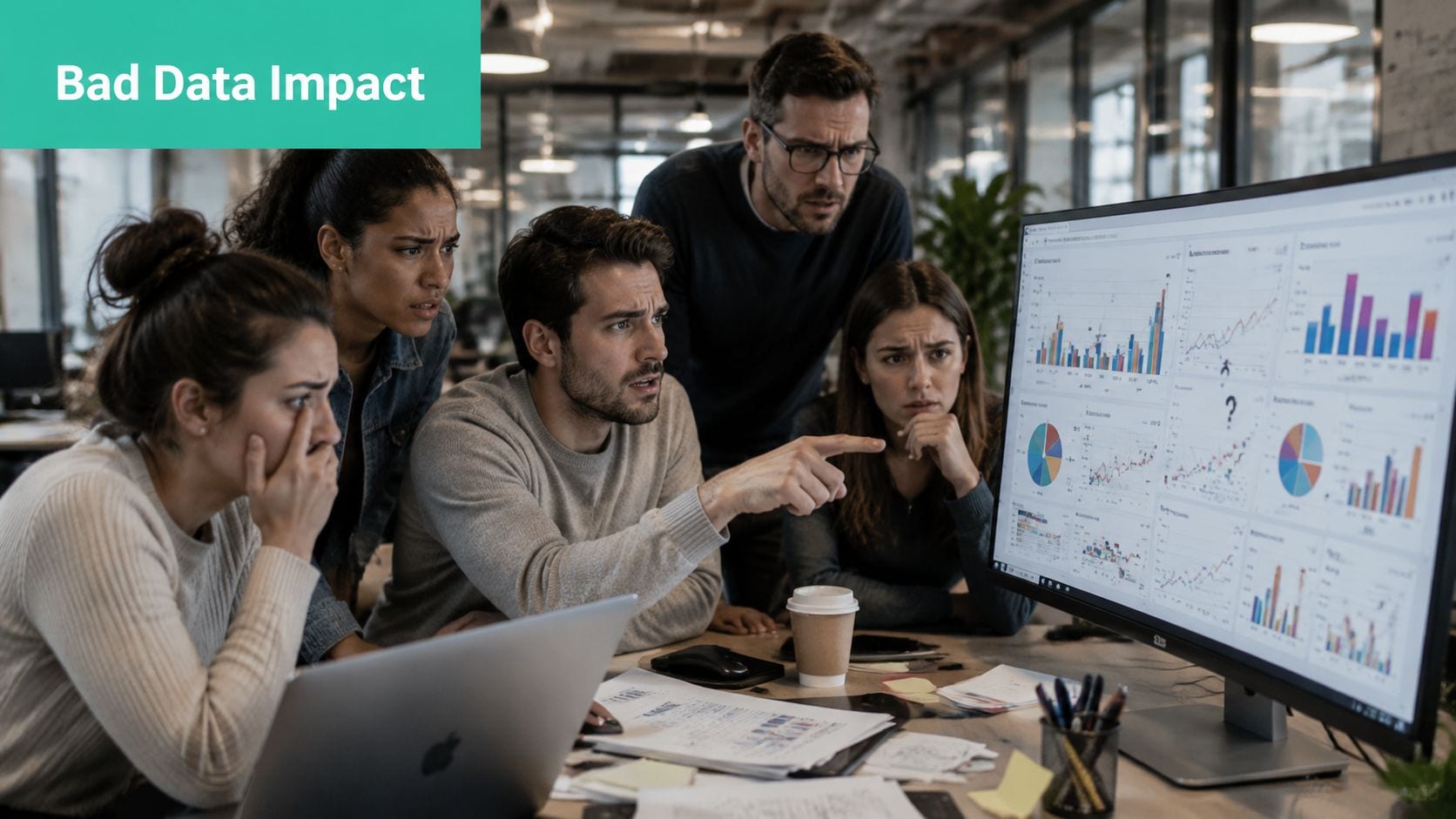 A worried office team analyzes confusing charts on a computer screen, representing the impact of bad data.