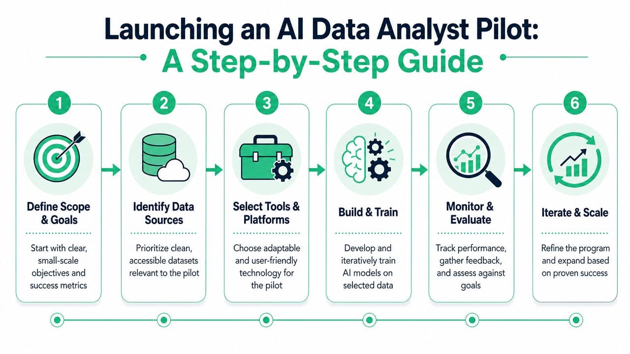 A step-by-step infographic titled Launching an AI Data Analyst Pilot with six numbered stages.