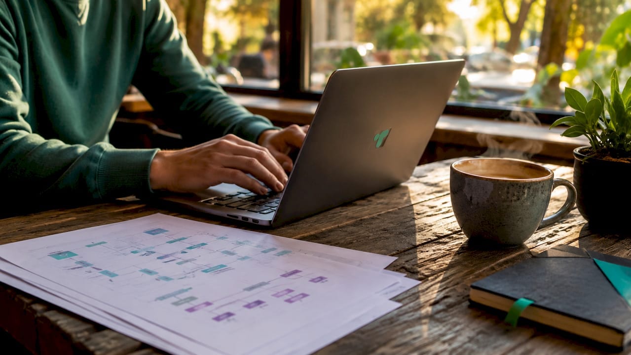 Hands typing near GA4 event planning sheets on desk