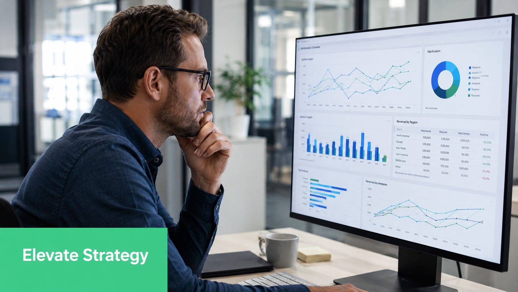 A professional analyzing data dashboards and performance metrics on a computer screen in a bright office environment.