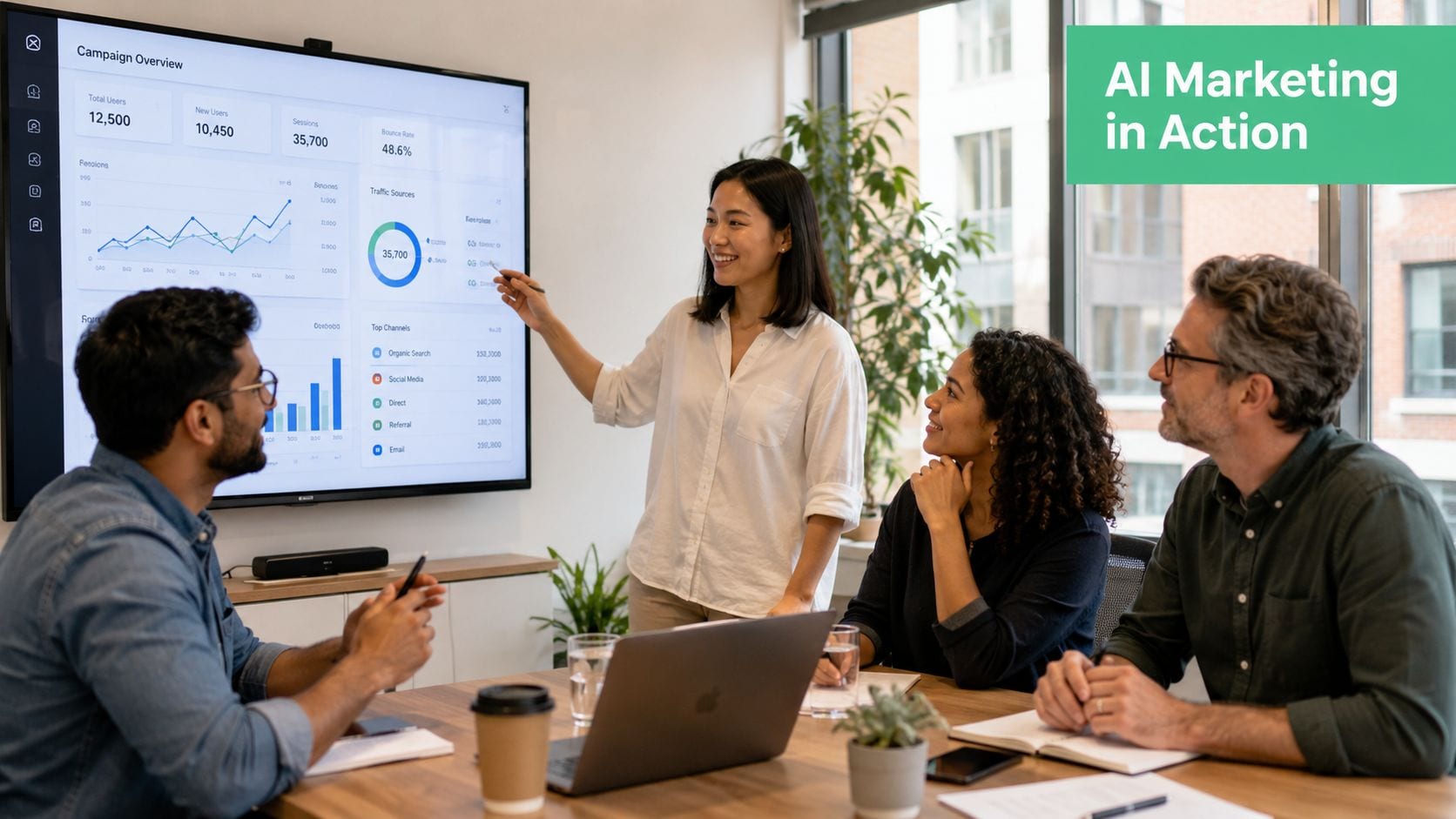 A professional team discussing marketing analytics on a large screen during an office meeting.