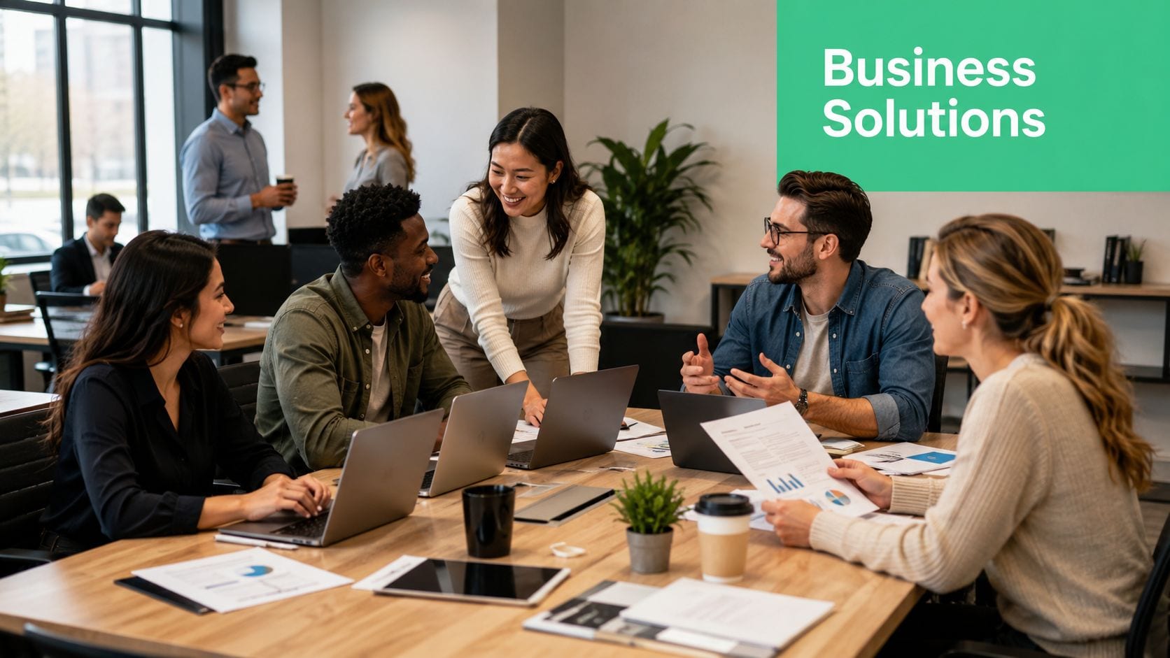 A diverse group of professionals working collaboratively in a modern office with laptops and documents.