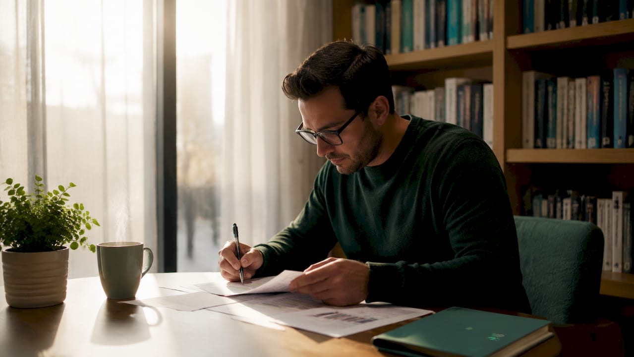 Side view of analyst reviewing lift test reports at conference table