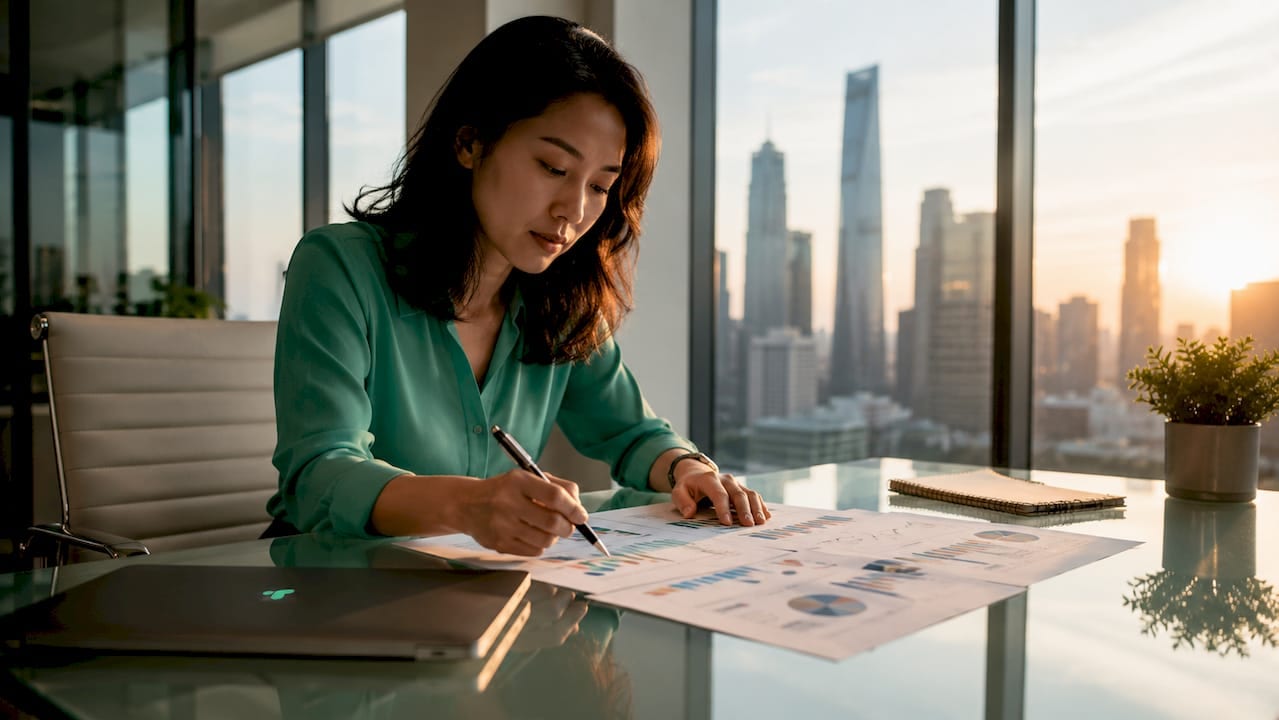 Marketer reviewing data in urban office