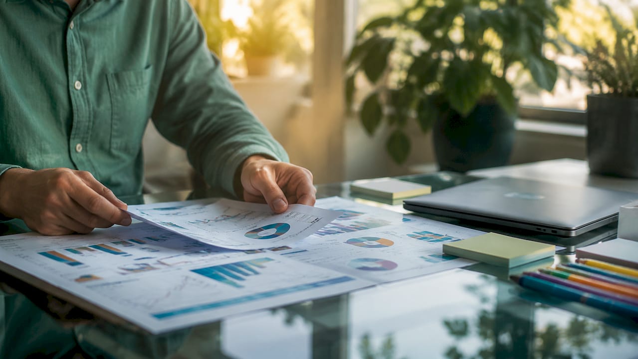 Hands examining marketing data printouts