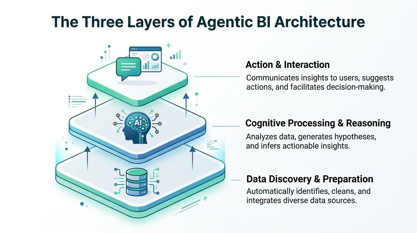 A diagram illustrating the three-layer architecture of Agentic BI: Data, Cognitive Processing, and Action and Interaction.