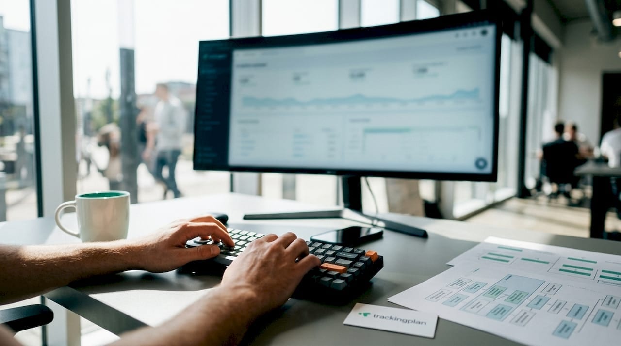 Desk and hands monitoring marketing data quality
