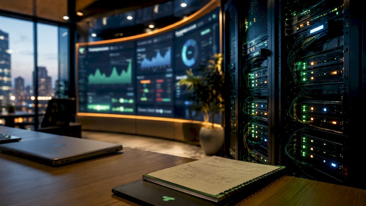 Analytics monitoring room showing server rack and dashboards